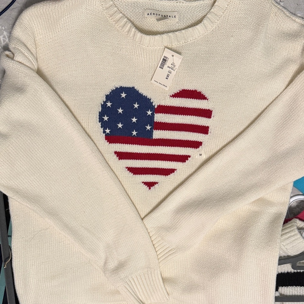 Aeropostale White Sweater with Flag Heart Design
